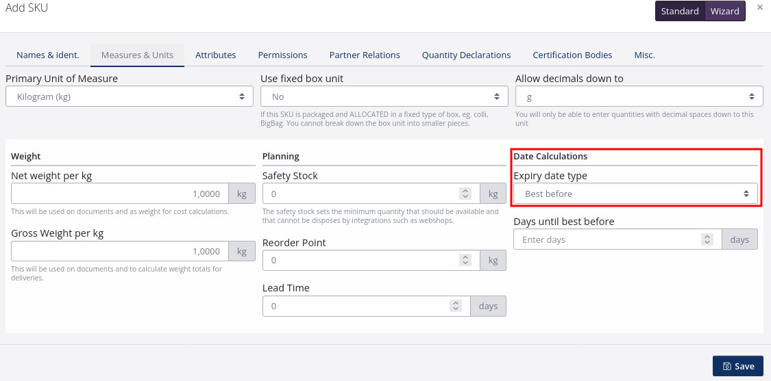 Set the specific expiry date type in SKU settings