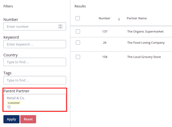 Search for parent partner and see all companies