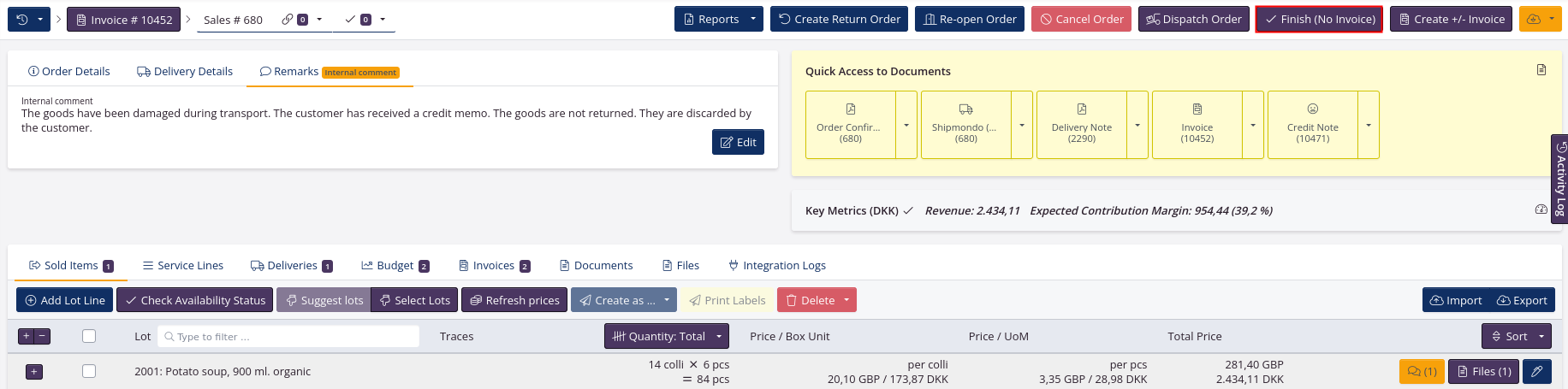 Close sales order without credit note