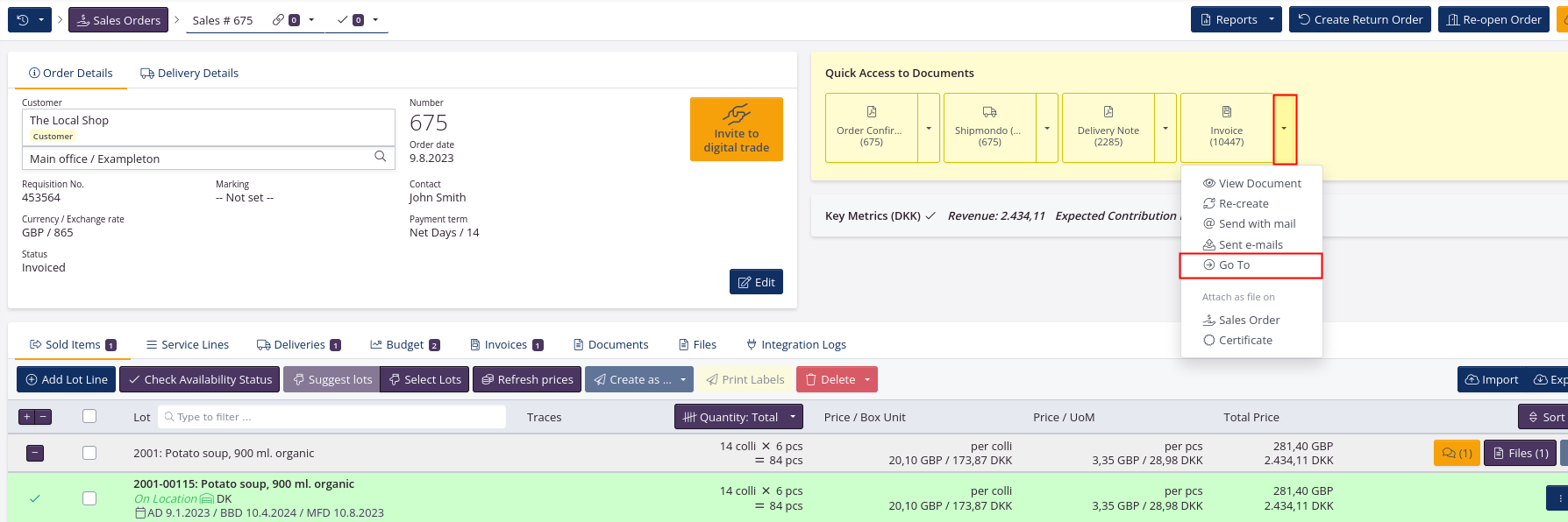 Go to invoice view to create credit note