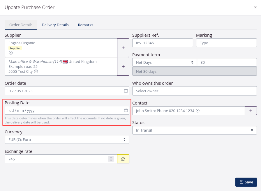 Indicate posting date on purchase order