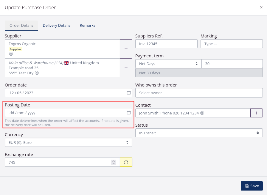 Indiquer la date comptable sur la commande d'achat