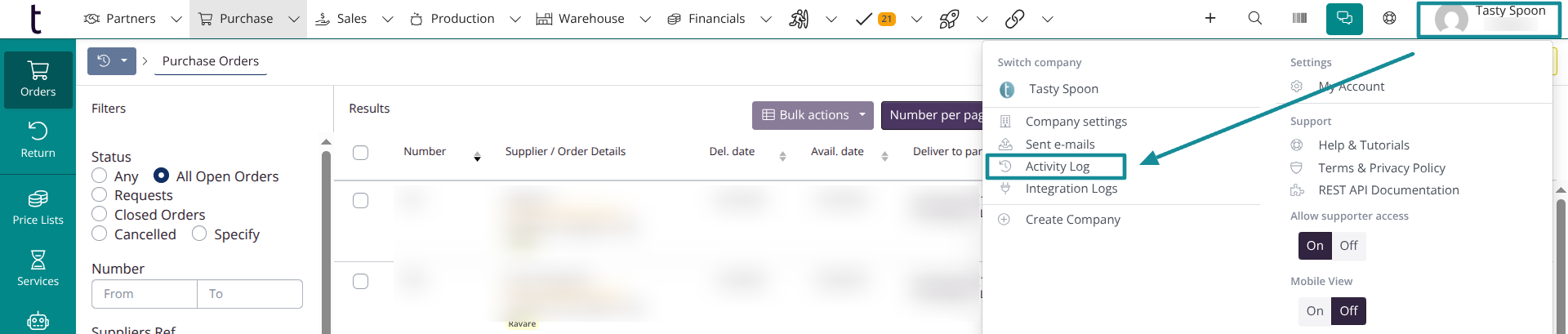 Main activity log