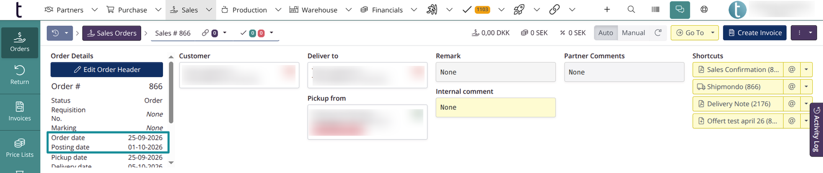 Order header: Order date and posting date