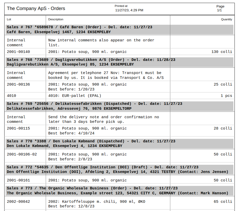 Internal comments on order lists