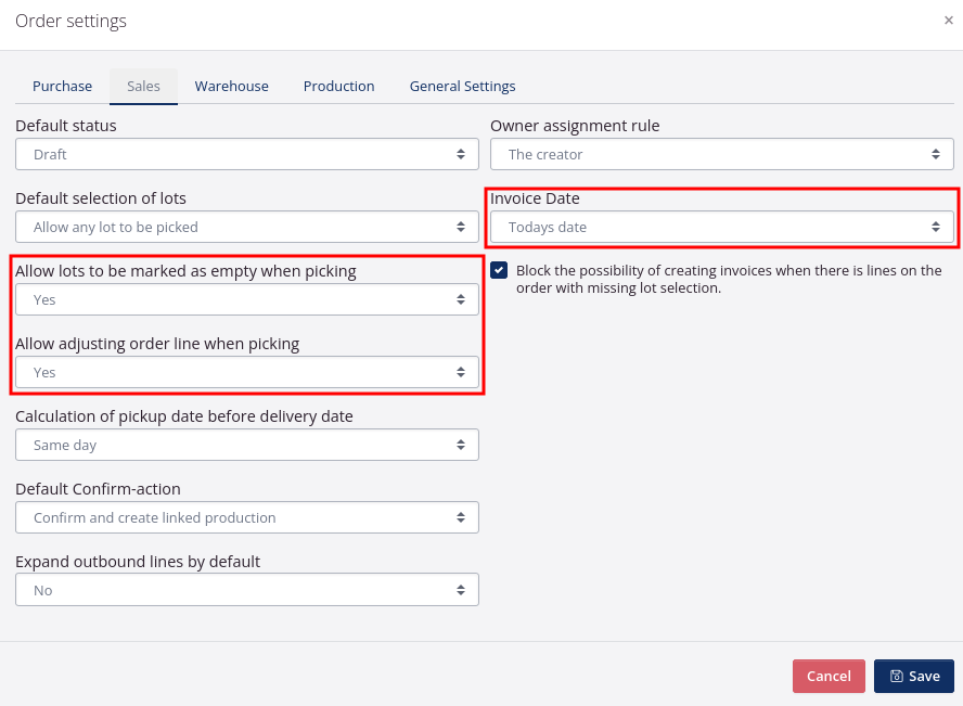 Order settings for sales orders