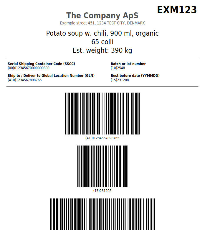 Pallet label example with reference code