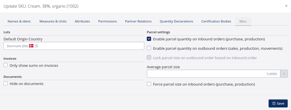 parcel settings