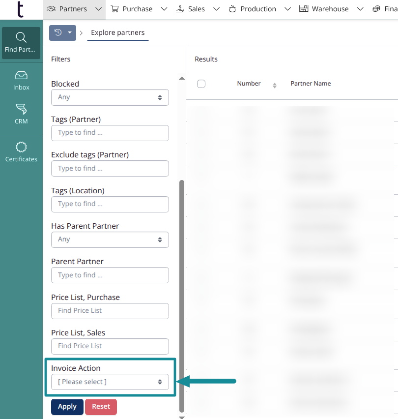 Partners: Filter by invoice action