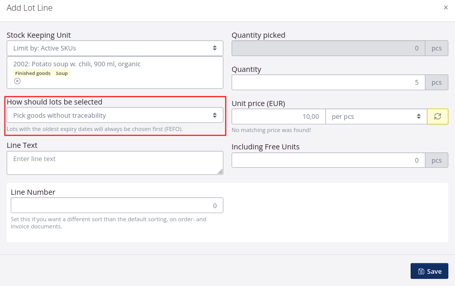 Pick goods without traceability on sales order