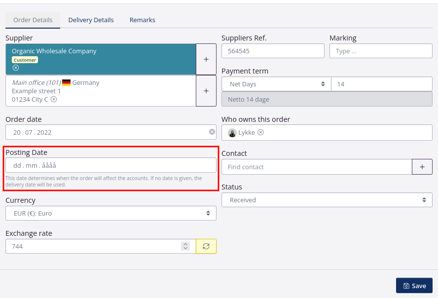 Indicate posting date on purchase order