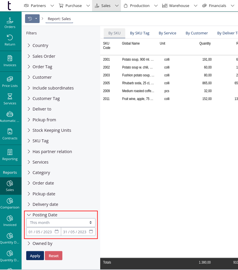 Filter in sales report