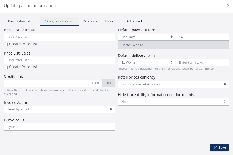 Prices and conditions, partners