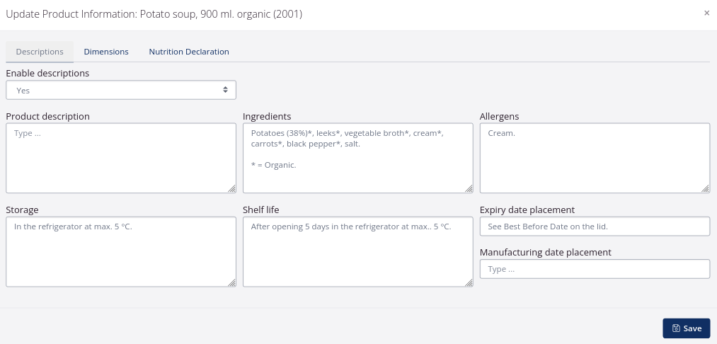 Product information for SKU