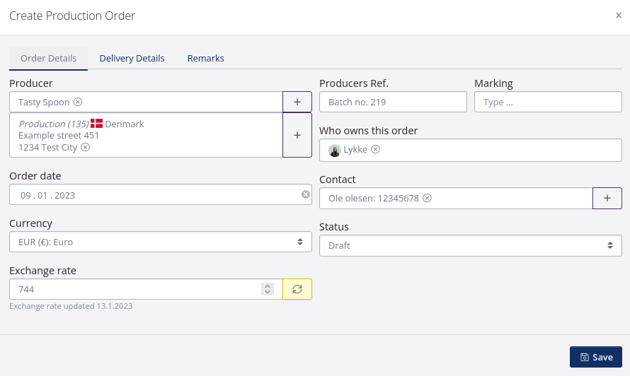 Example order details production order