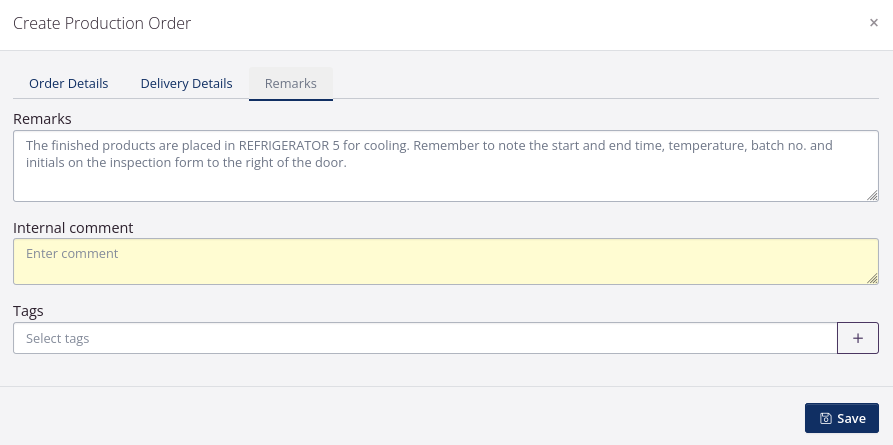 Example order details production order