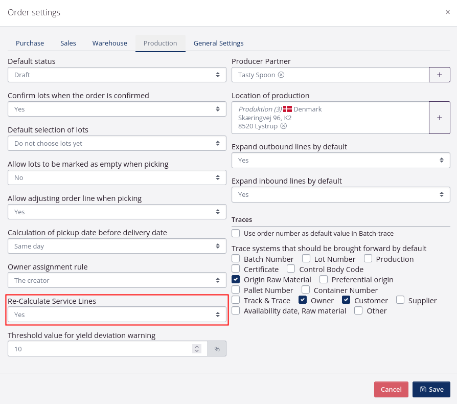 Order setting for re-calculation of service lines