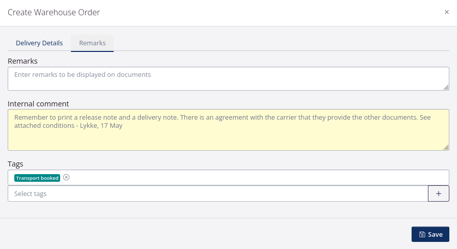 If relevant write remarks, notes or comments on the order