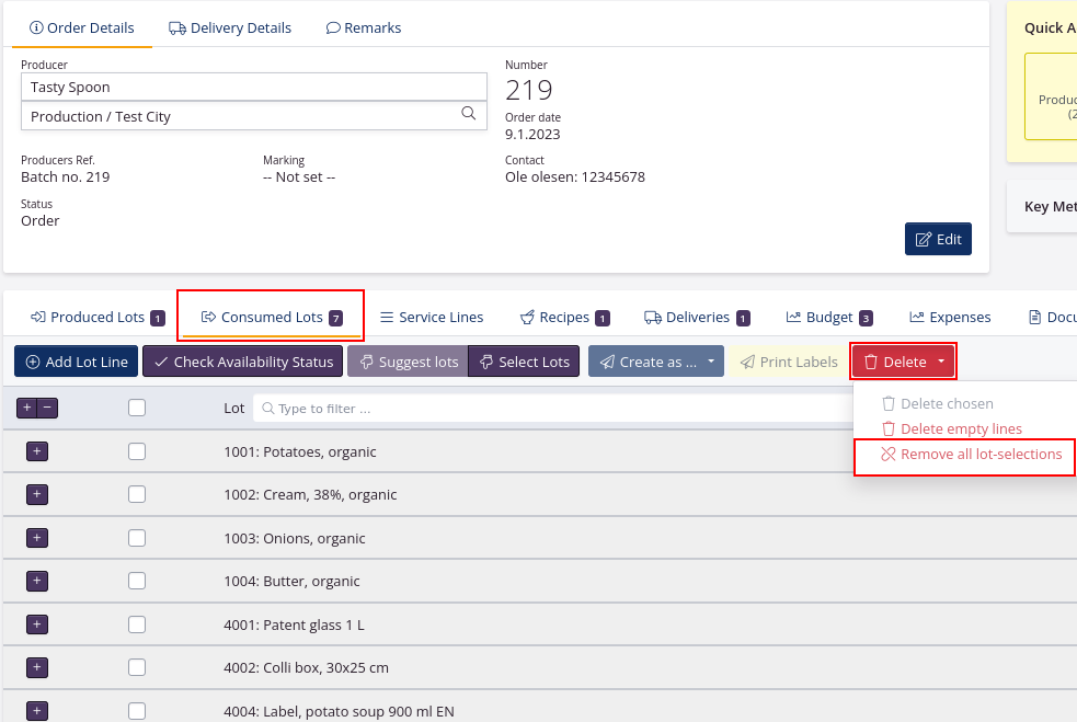 Remove the selected lots on the production order