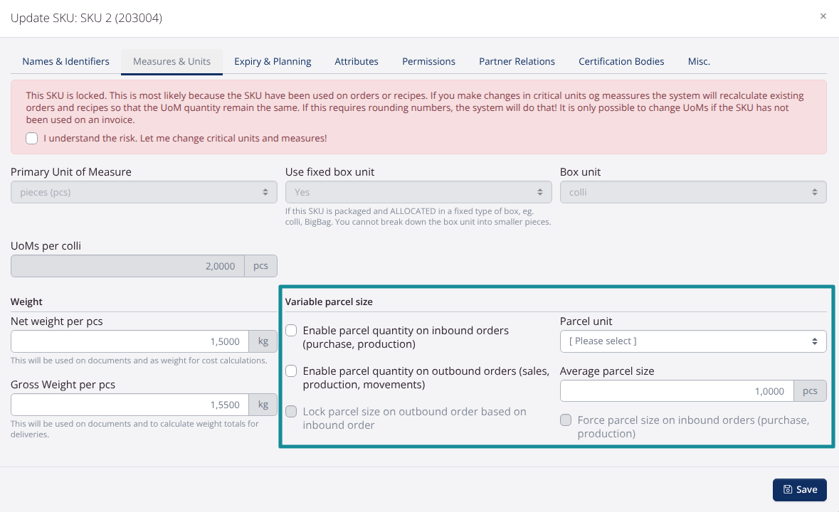 SKU settings: 2