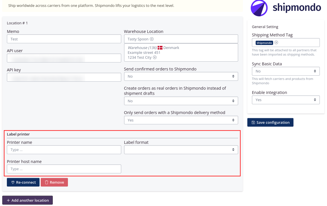 Shipmondo integration setup indicate default label printer