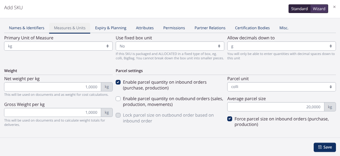 UoM setup parcel size ingoing