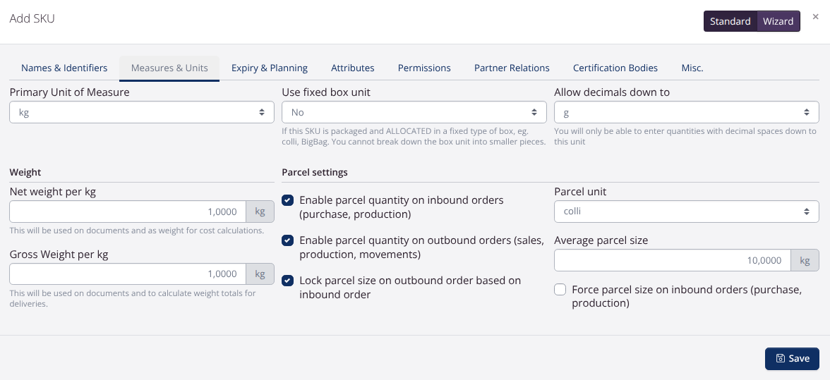 UoM setup lock parcel size inbound outbound