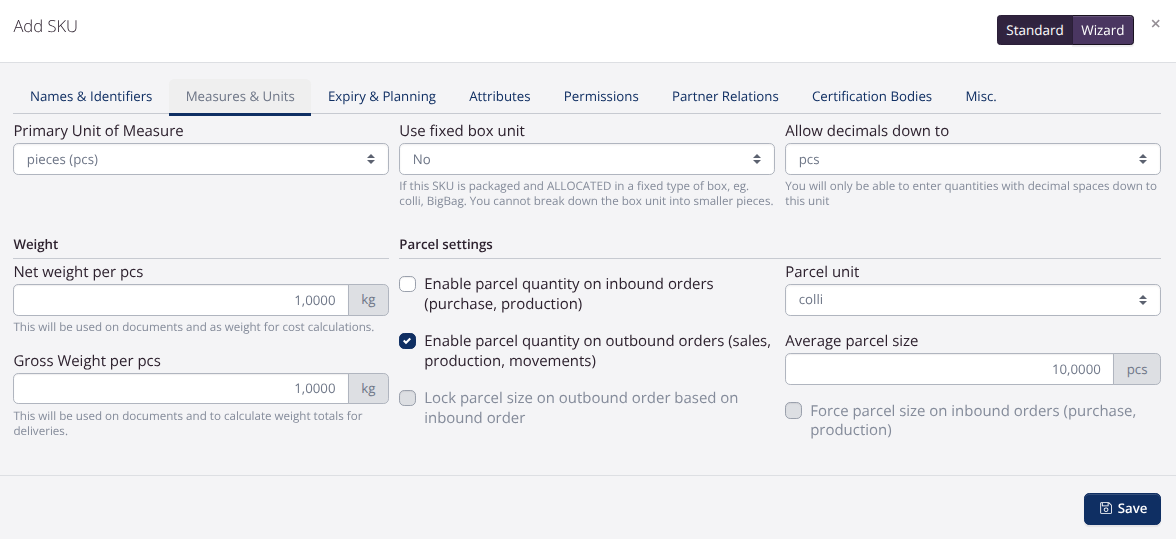 UoM setup parcel size outbound