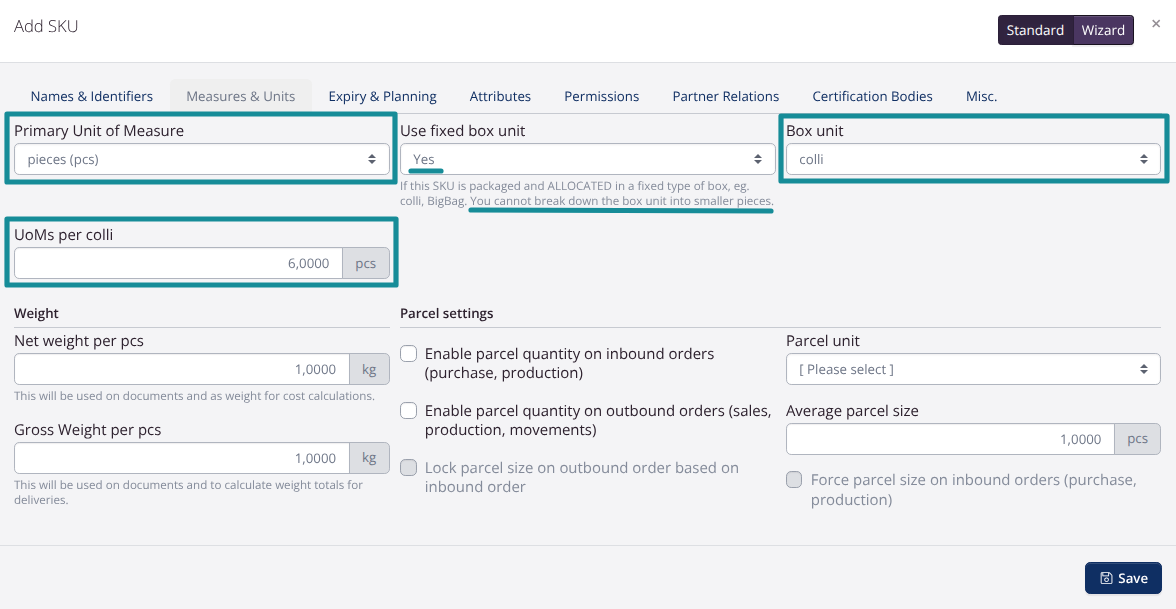 UoM setup pieces and colli