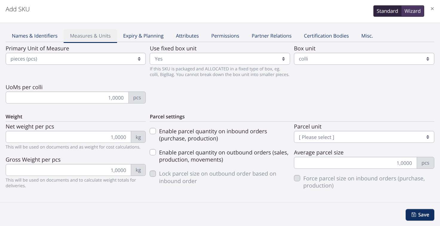 Add SKU - Measures and units