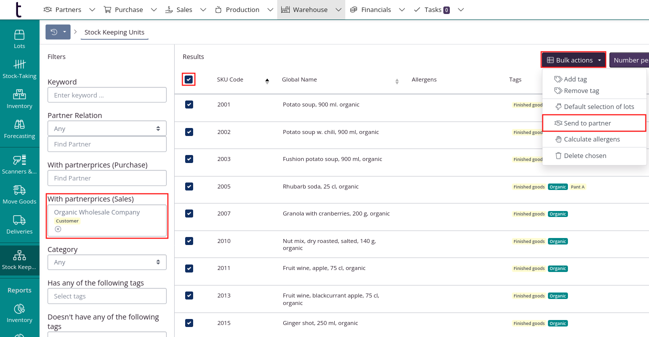 Filter to search for the relevant skus from partner prise list