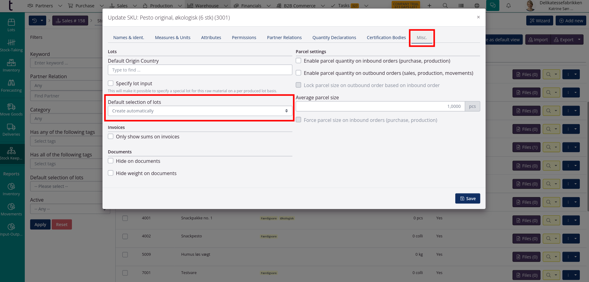 Standard method for selecting lots per SKU