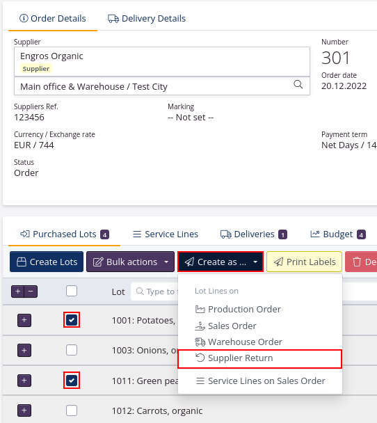 Shortcut to create return order to supplier