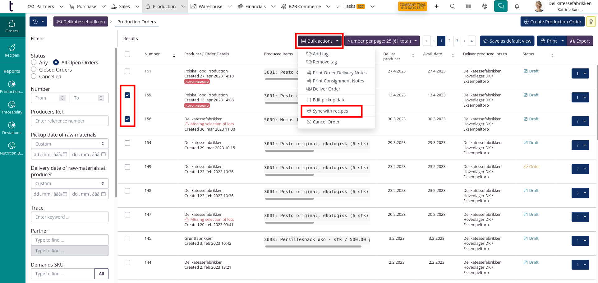 Synchronise production orders with recipes