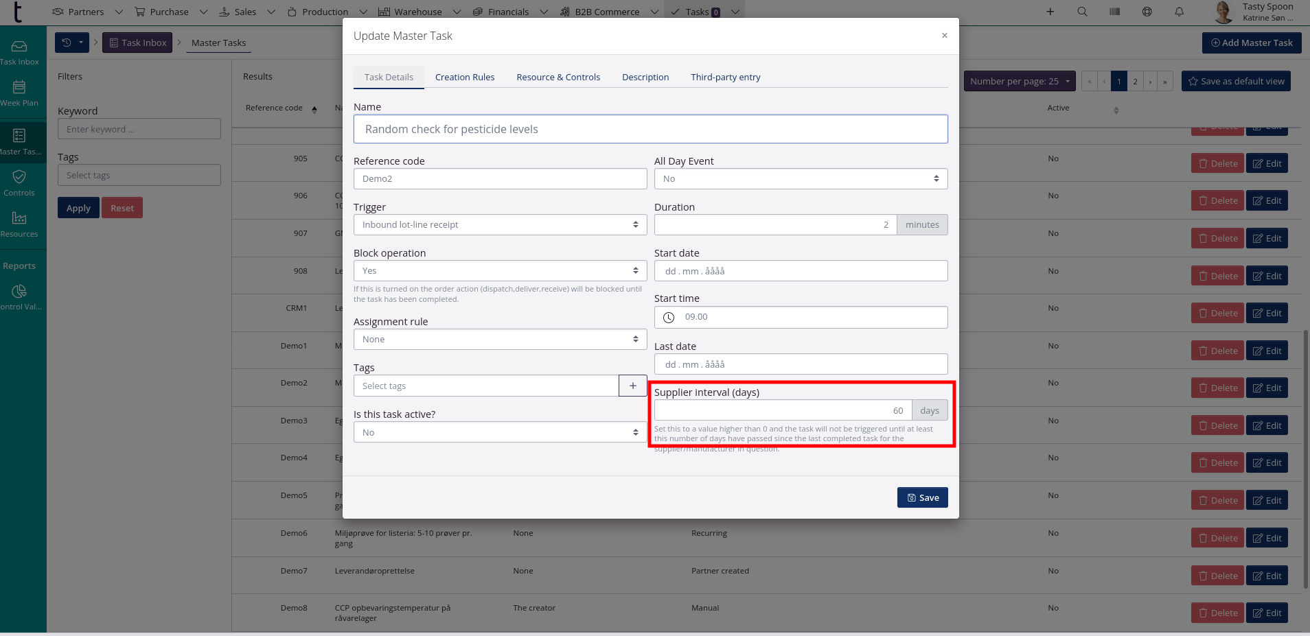 Intervals for supplier-related tasks