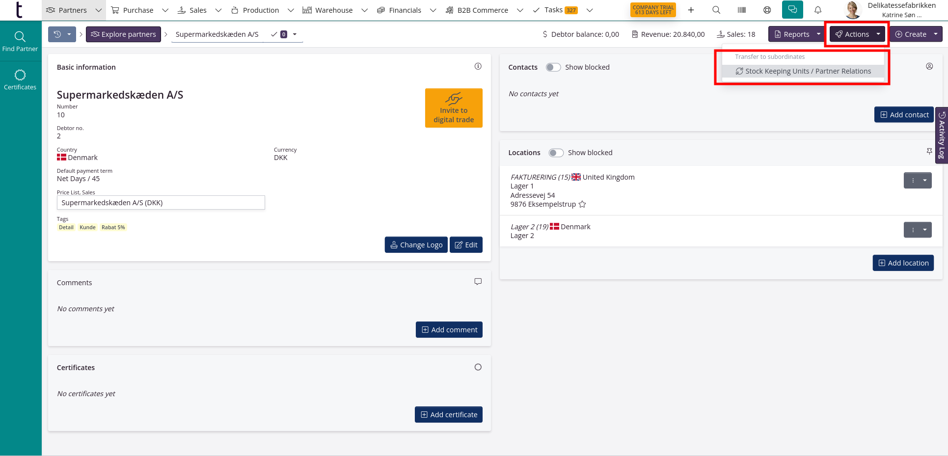 Transfer partner relationship on item type to subordinate partner