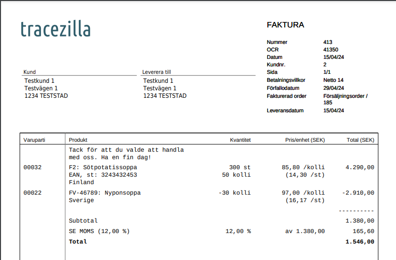 Exempel på tilläggsfaktura