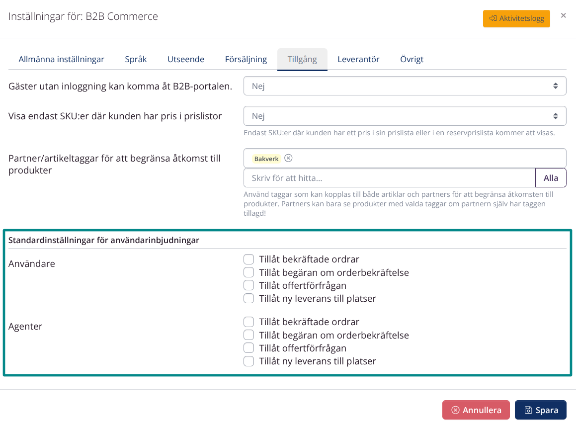 Företagsinställningar > B2B Commerce > Standardinställningar