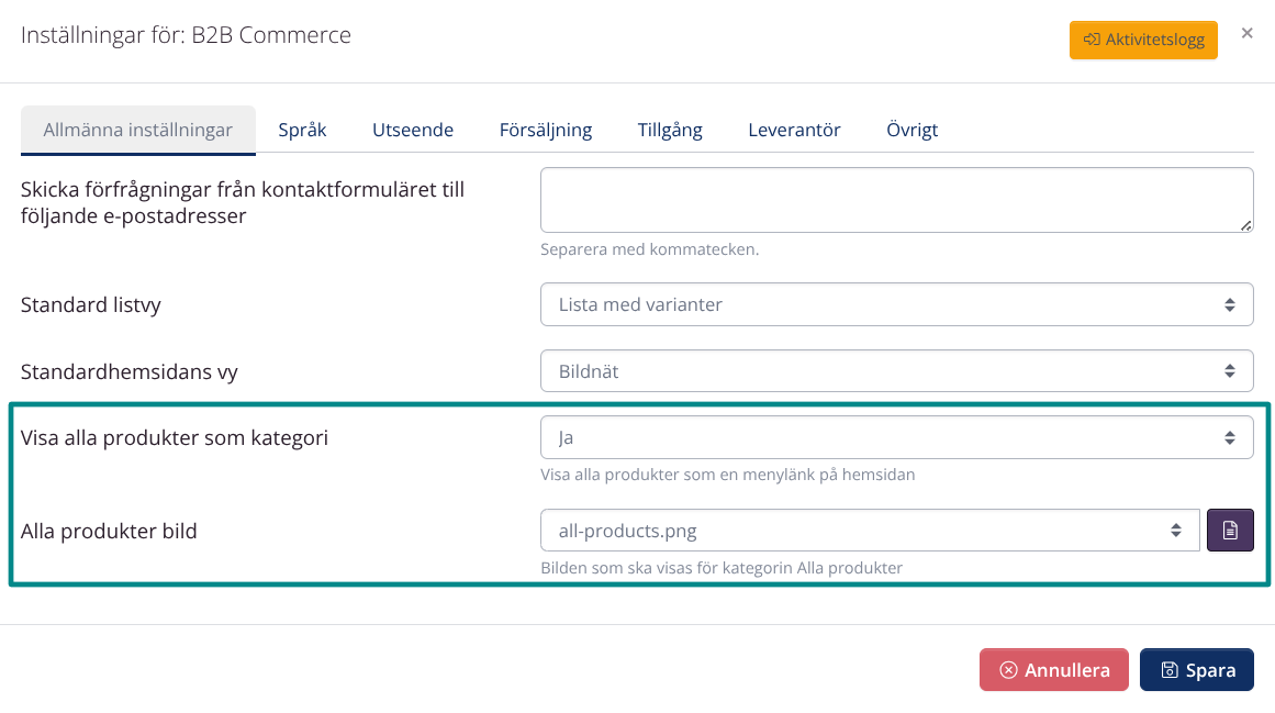 B2B Företagsinställningar: Alla produkter