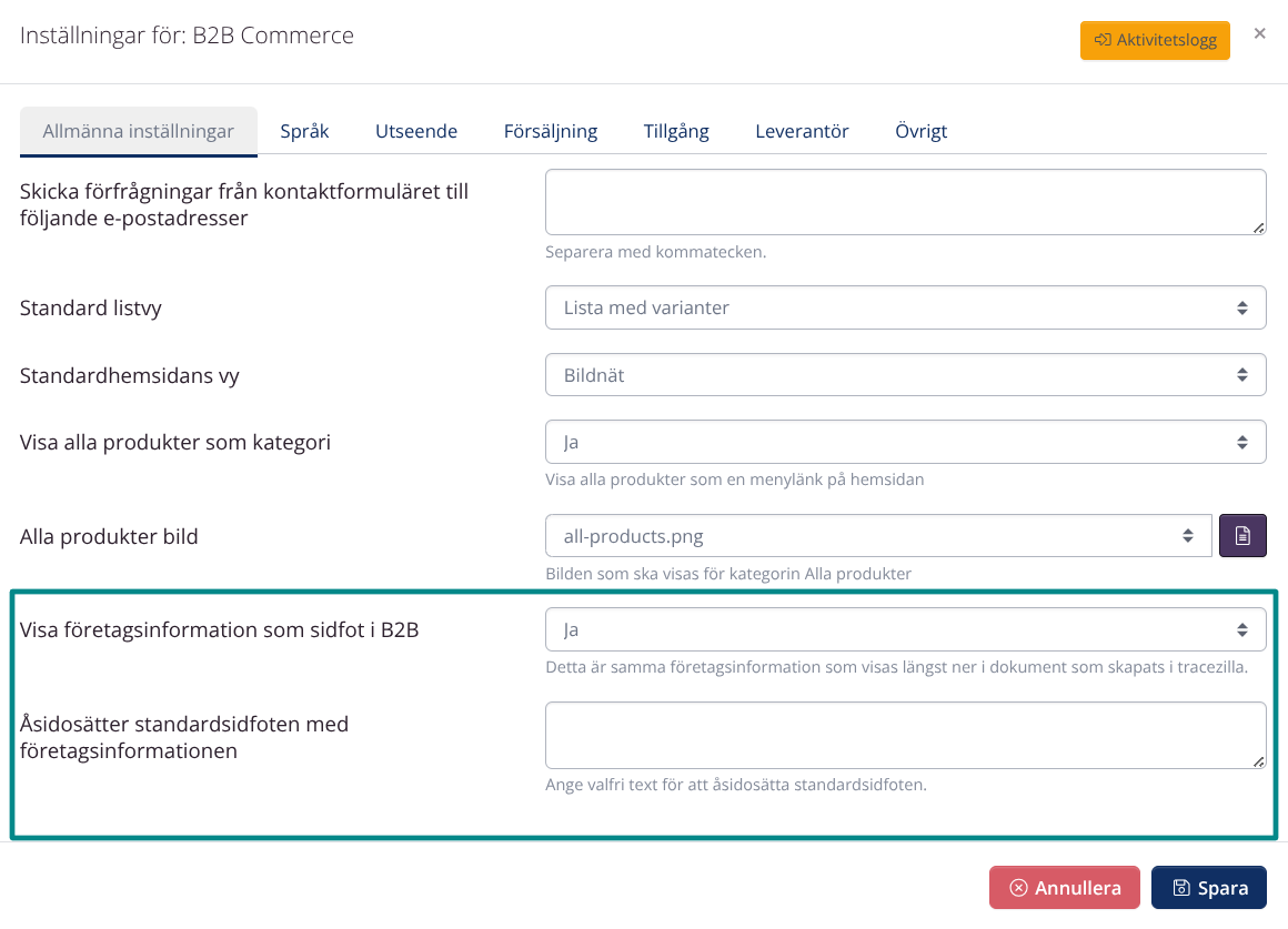 B2B Commerce: Footer inställningar