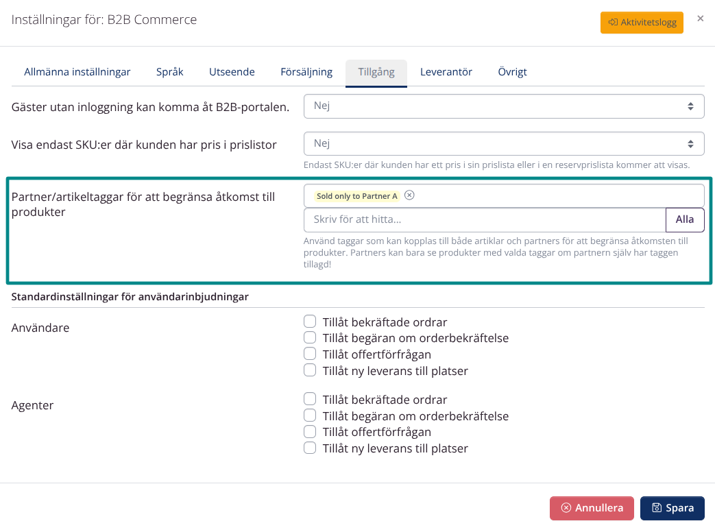 B2B Företagsinställningar: Begränsa åtkomst med tagg