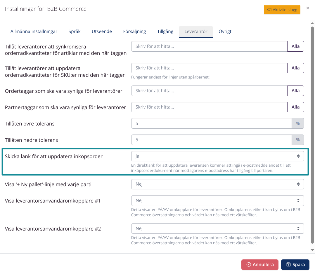 B2B: Länk till att uppdatera order