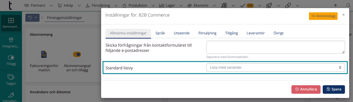 Variantlista: Företagsinställning