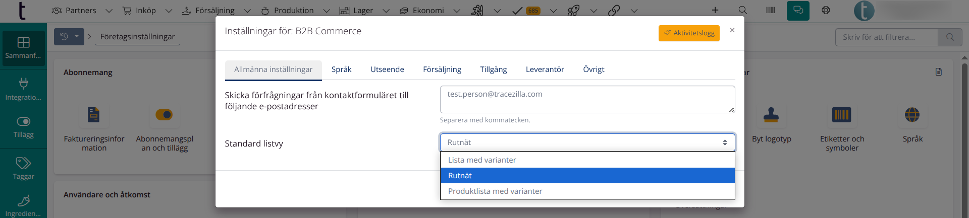 B2B Företagsinställningar: Allmänna inställningar
