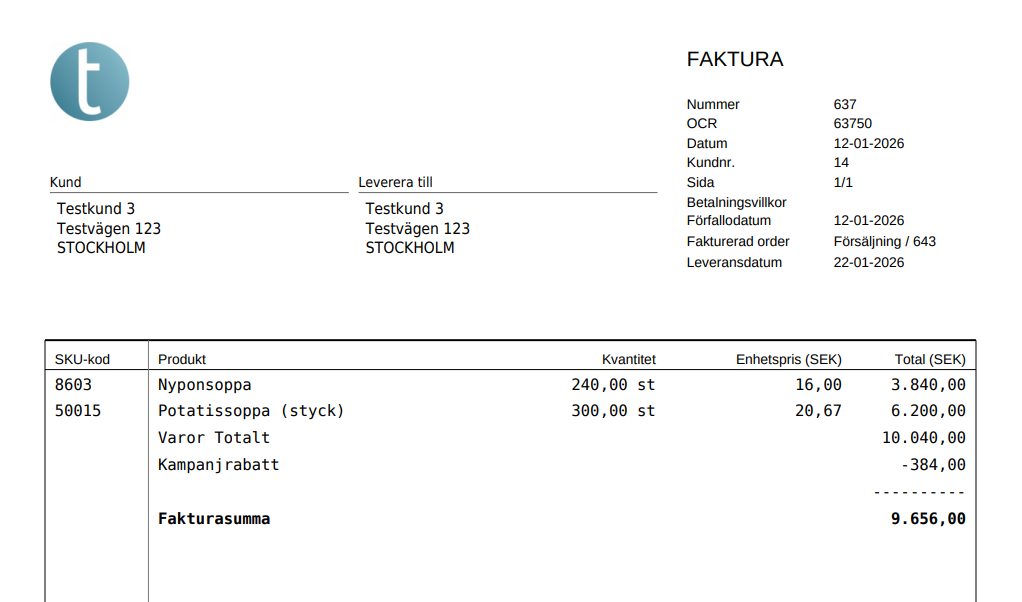 Exempel på kompakt faktura
