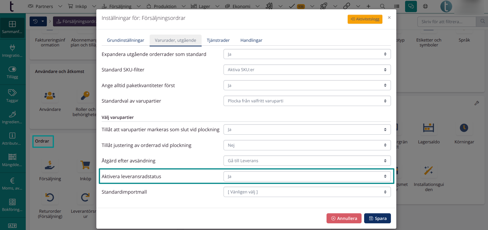 Aktivera leveransstatusar