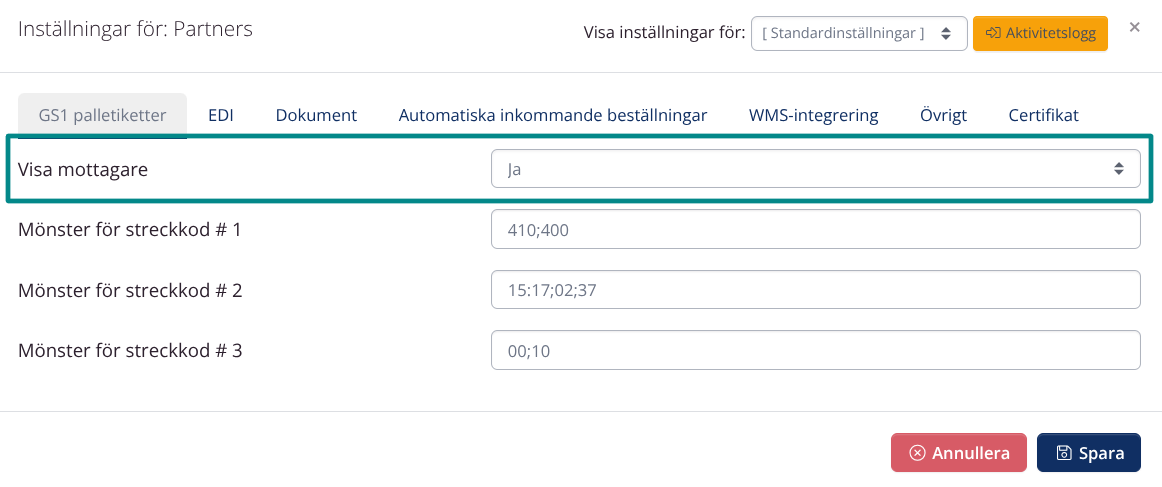 Företagsinställningar: Visa mottagare