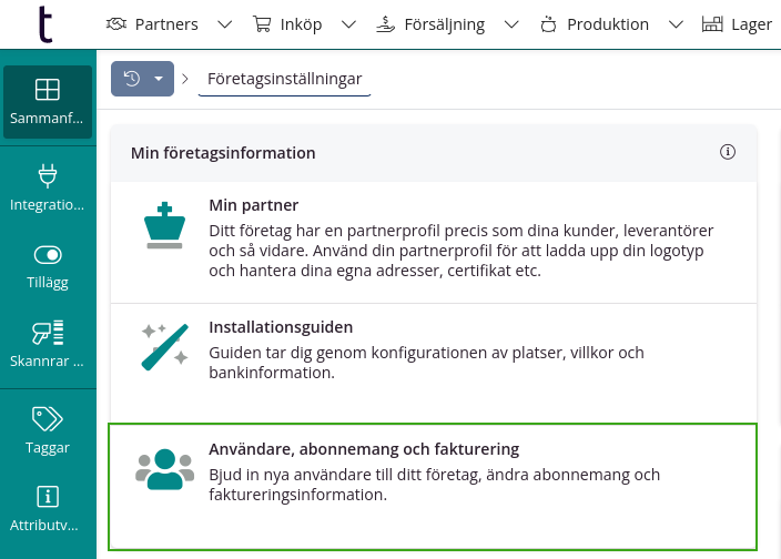 Företagsinställningar > Användare, abonnemang och fakturering