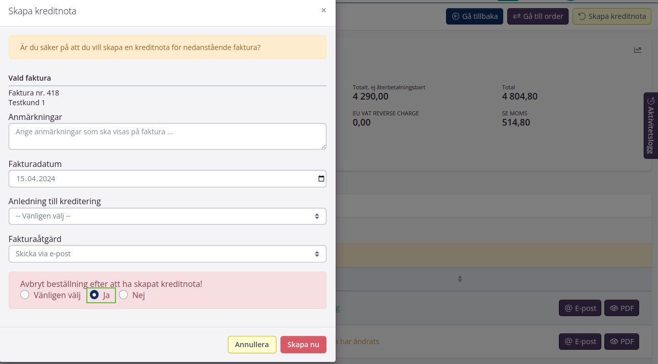 Gå till fakturavy för att skapa kreditnota