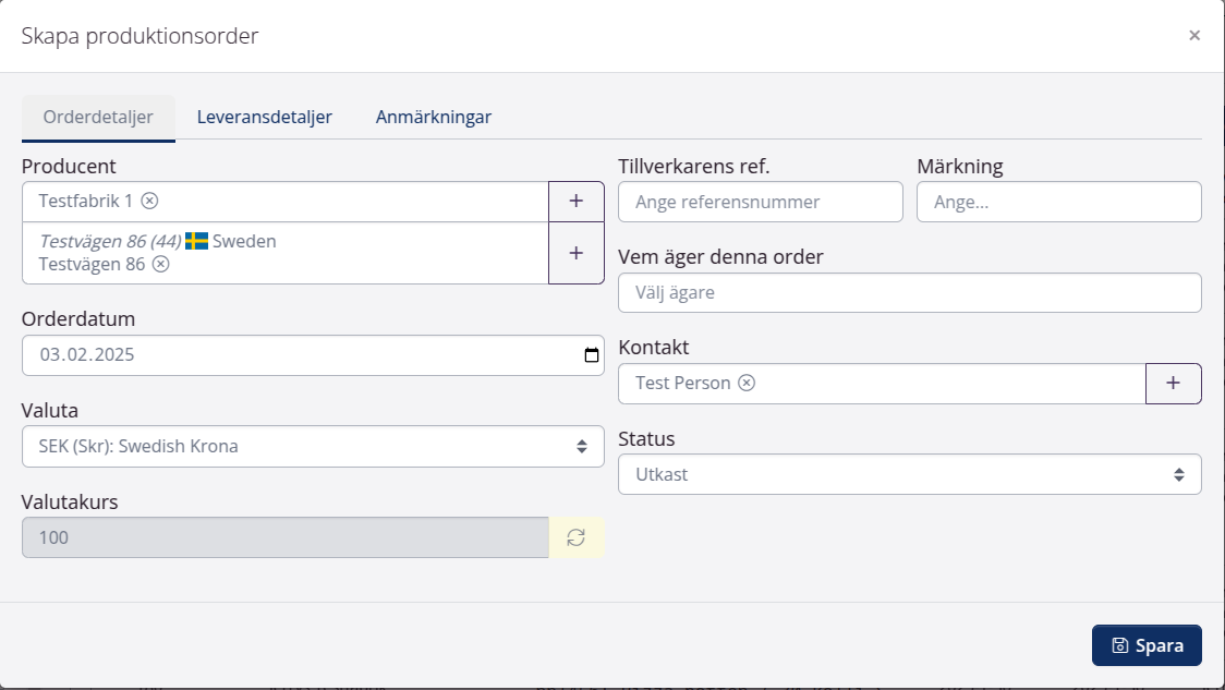Exempel på ordredetaljer på produktionsorder